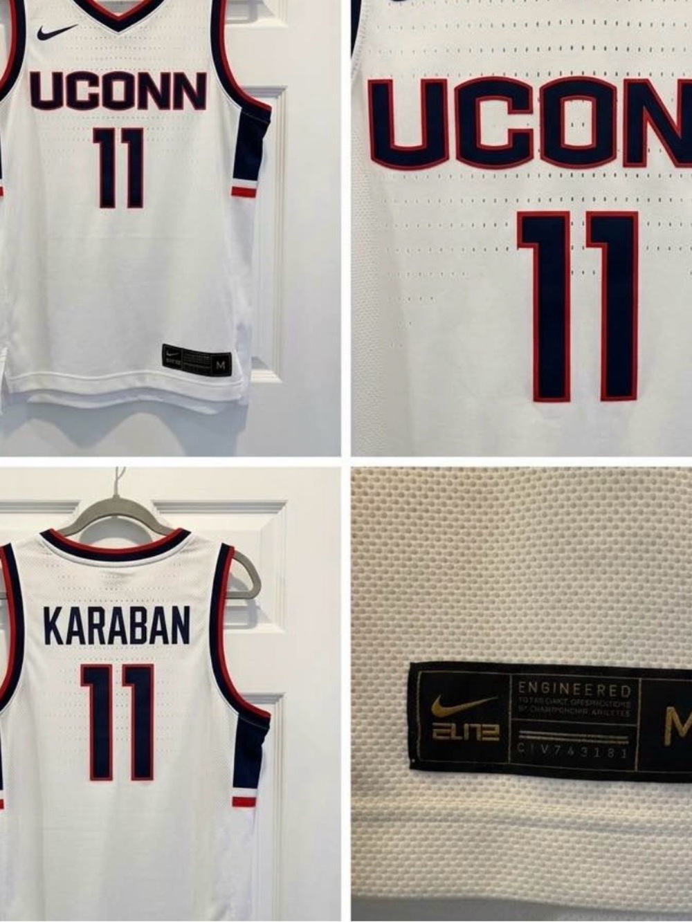 Nike White UConn #11 Alex Karaban Basketball Jersey with Navy and Red Trim